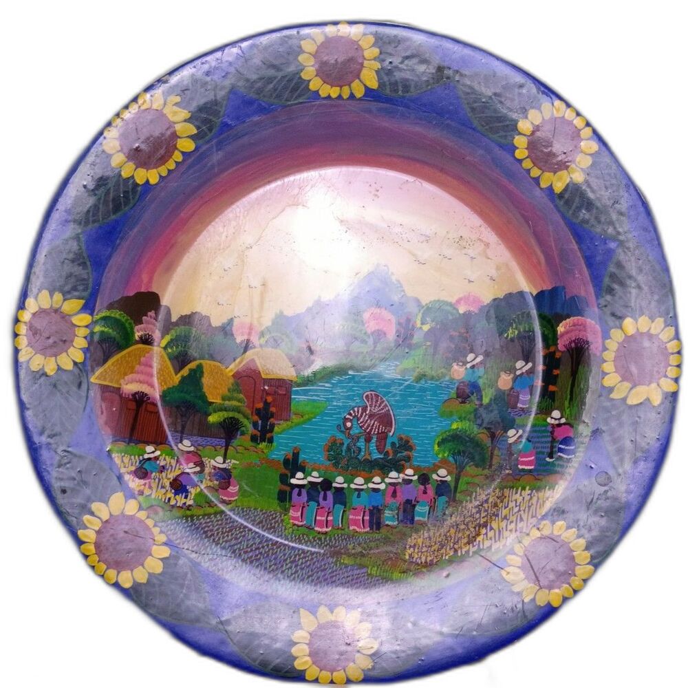Mexican Folk Art Terracotta Plate Hand Painted Village Scene an Sunflower Border